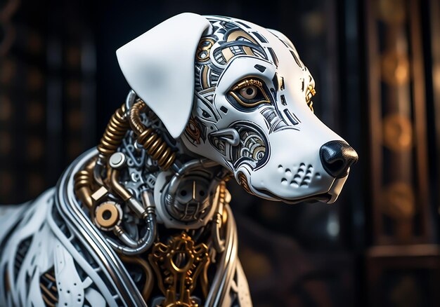 Photo robotic dog in white porcelain with intricate network of connections and patterns cybernetic