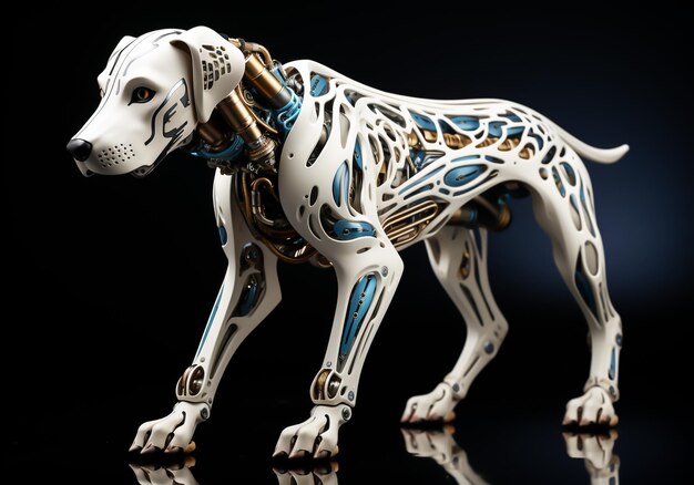 Robotic dog in white porcelain with intricate network of connections and patterns Cybernetic