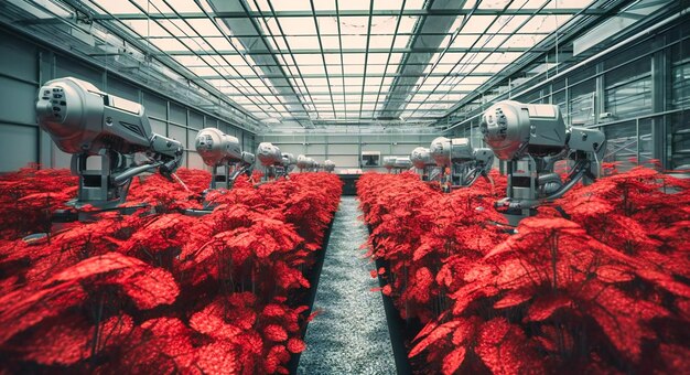 Robotic farming robots in a greenhouse