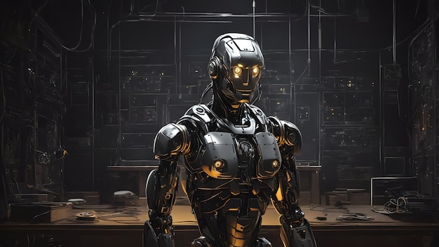 A robotic figure stands in a dark room its AIdriven mind processing the data