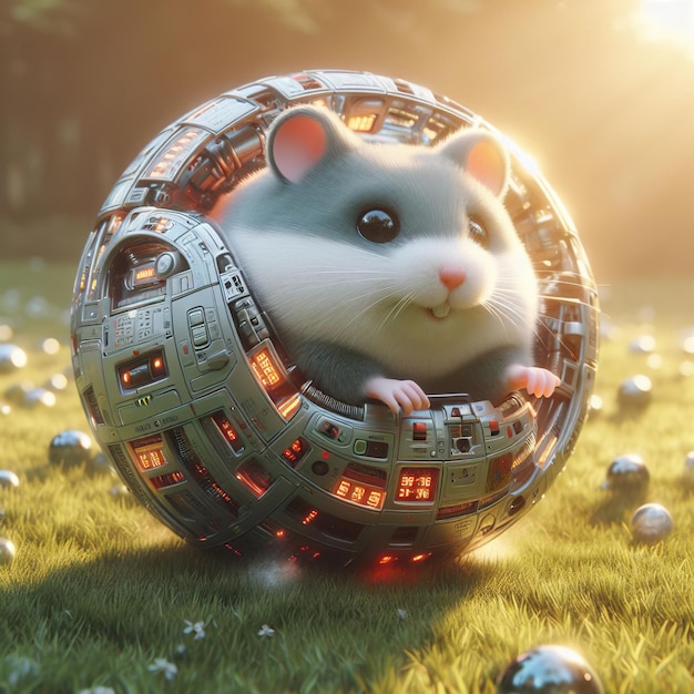 Photo robotic hamster in sunset nature