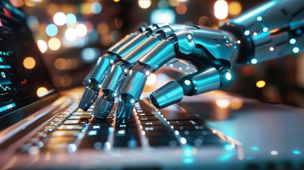 Foto una mano robotica tocca delicatamente i tasti di una tastiera di un portatile che incarna l'intersezione tra intelligenza artificiale e tecnologia umana