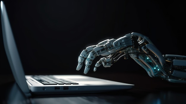 Robotic hand drukken op een toetsenbord op een laptop 3D rendering Generative Ai