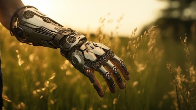 A robotic hand in a field of grass