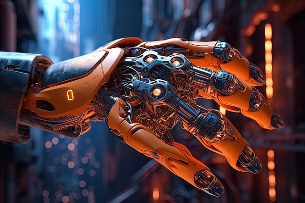 Robotic Hand in a Futuristic Background