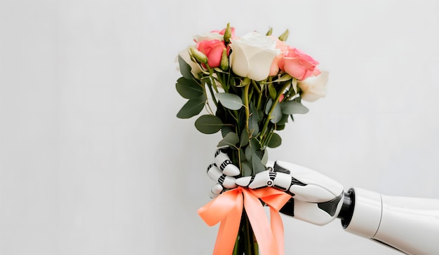 The robotic hand gently holds a small bouquet of pastelcolored flowers tied with a beautiful ribbon and bow on a white background greeting card conceptflower deliverycopy space