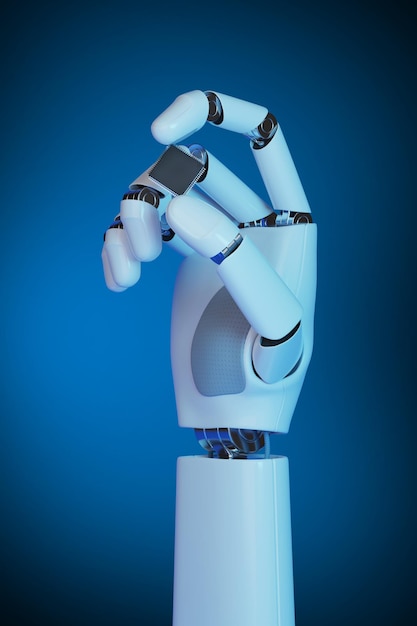 Robotic hand holding a microprocessor 3d illustration