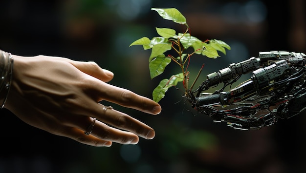 robotic hand holding plant and gives it to the human hand human and machine ecology ai generated