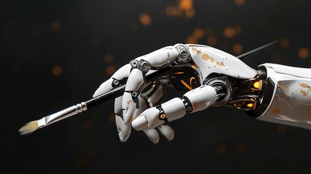 Robotic hand in close-up en met een penseel tegen een donkere achtergrond ruimte Generatieve AI