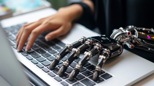 A robotic hand is typing on a keyboard