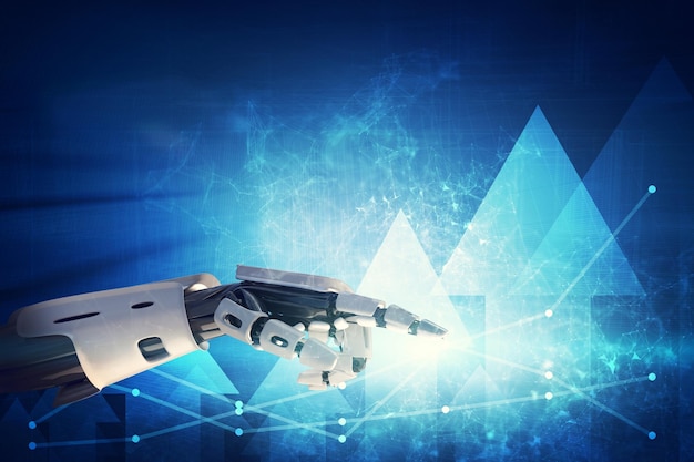 Robotic hand pointing at graphs and diagrams on technological background