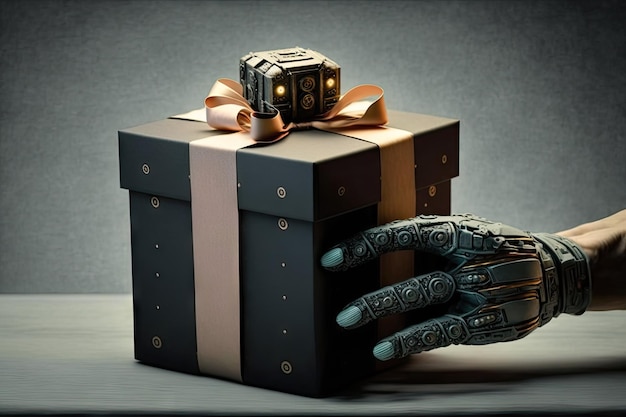 Photo robotic hand presenting fancy gift box to person