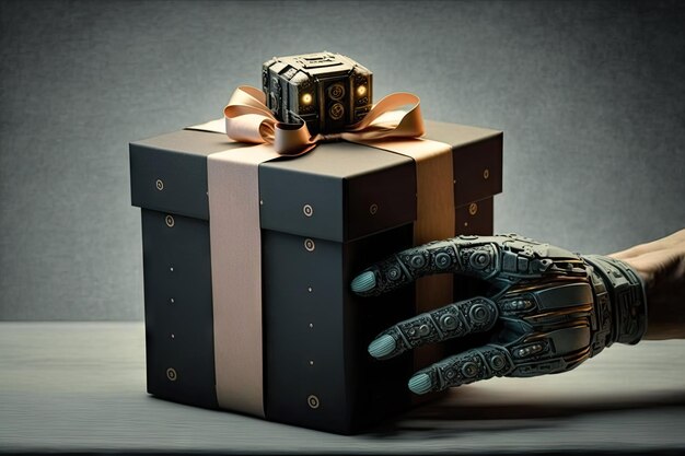 사진 멋진 선물 상자를 사람에게 선물하는 로봇 손