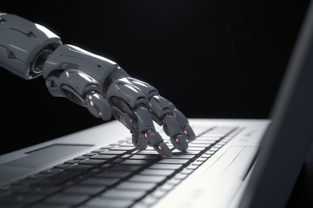 Robotic hand pressing a keyboard on a laptop 3D rendering