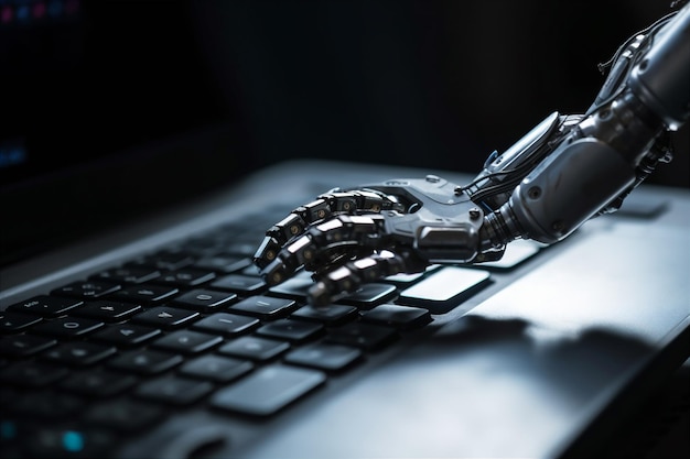Robotic hand pressing keyboard on laptop AI concept background AI generated