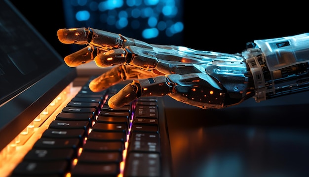 Robotic hand pressing a keyboard on a laptop