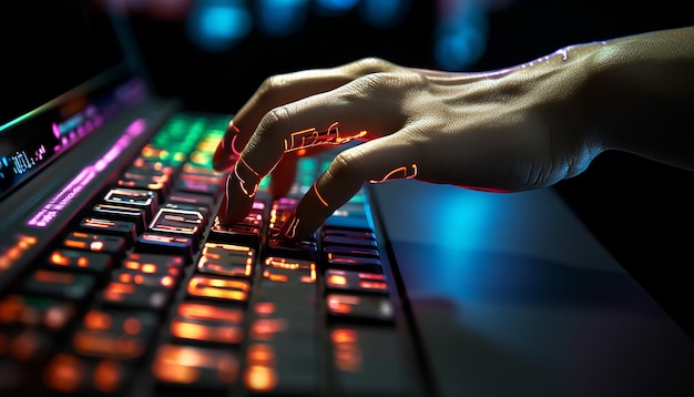 Robotic hand pressing a keyboard on a laptop