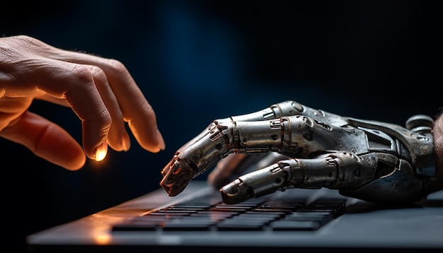 Robotic hand pressing a keyboard on a laptop