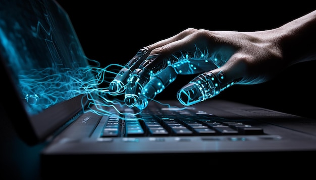 Роботизированная рука нажимает на клавиатуру ноутбука