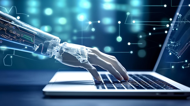 Photo robotic hand pressing a keyboard on a laptop