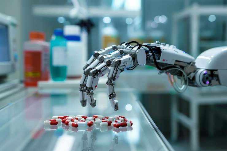 Photo ロボット手がテーブルにきれいに並べられた剤に向かって伸びる ロボット腕が患者に剤を配布する