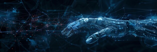 技術とイノベーションを象徴する接続のネットワークでロボットの手を伸ばす AIと未来的なテーマに最適です