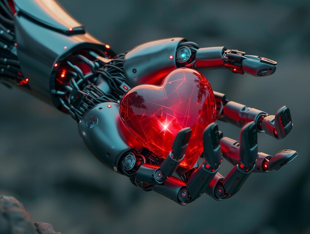 Robotic Hand Tenderly Holding a Glowing Red Heart