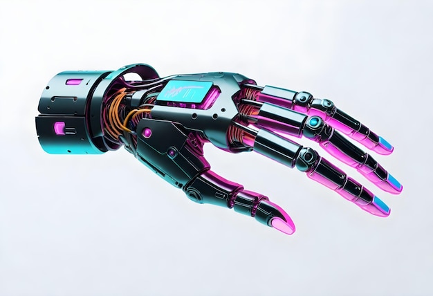 A robotic hand with black and metallic colors featuring intricate wiring and illuminated sections