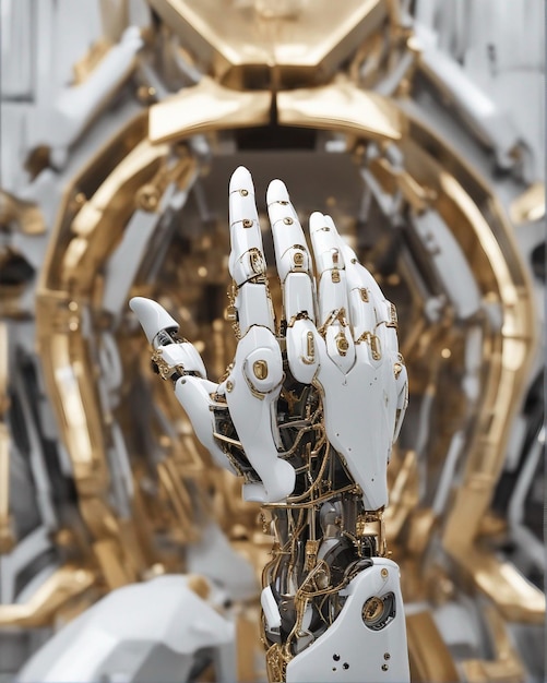 Robotic hand with gold and white accents 2