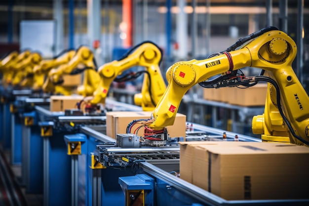 Robotic Handling Industrial Automation with Robotic Arms Packing Boxes in Warehouse Generative AI