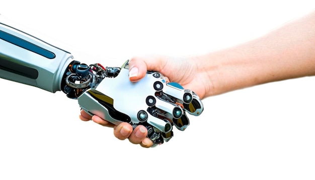 Photo robotic hands and human hands hold hands holding together