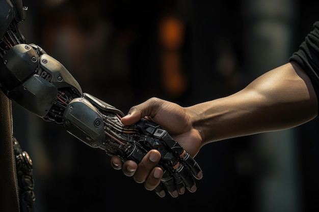 Robotic and human arms interact with each other Handshake between human and artificial intelligence Friendship and partnership of mankind and machines