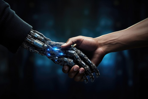 Robotic and human arms interact with each other Handshake between human and artificial intelligence Friendship and partnership of mankind and machines
