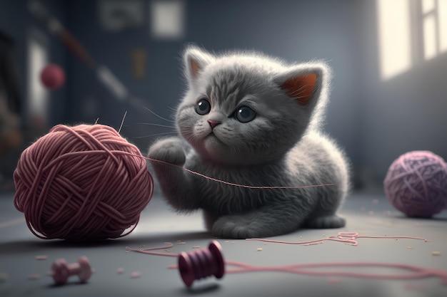 Robotic kitten playing with ball of yarn indoors