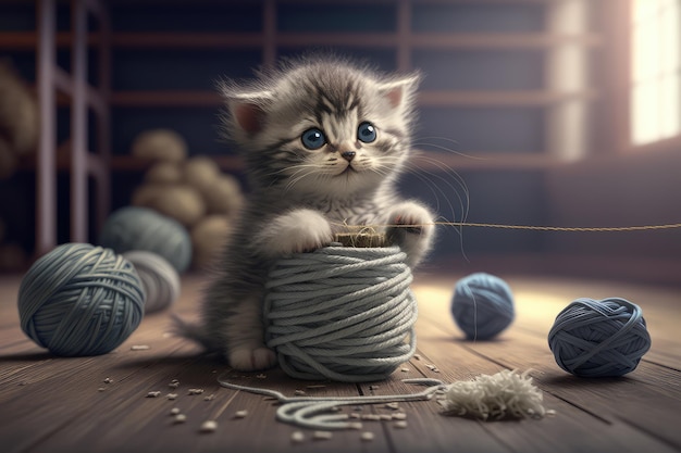 Robotic kitten playing with ball of yarn rolling it around its paws