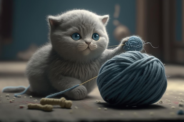 Robotic kitten playing with ball of yarn