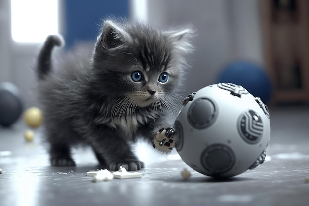 Robotic kitten playing with toy ball its movements precise and agile