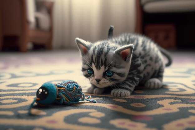 Котенок-робот играет с игрушкой на ковре