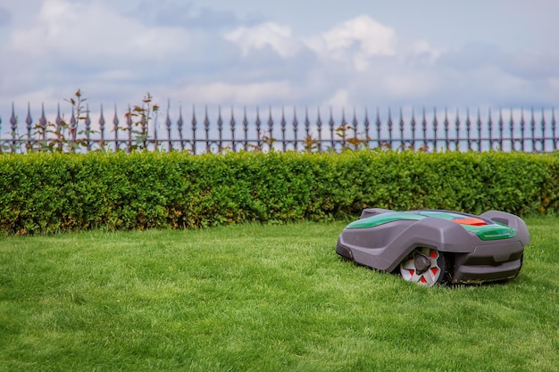 Robotic lawn mower grass side view Garden modern remote technology CloseUp Lawn Mower On Field