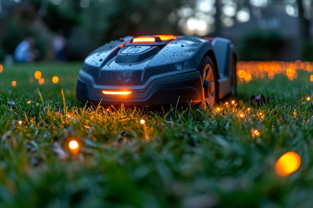 A robotic lawn mower stands on the lawn near the house after sunset