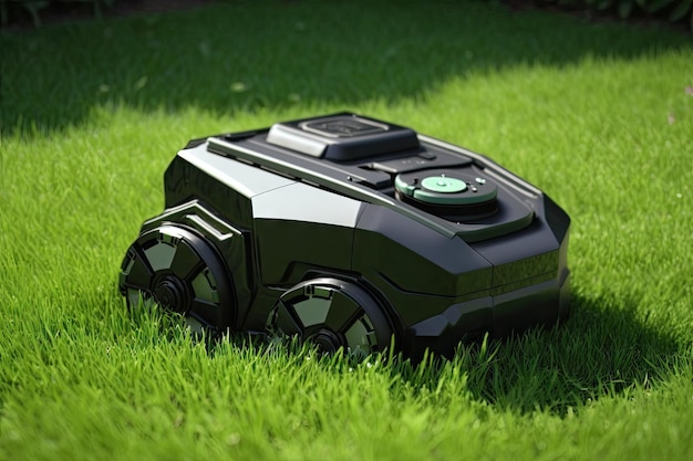写真 新緑の草を刈るロボット芝刈り機