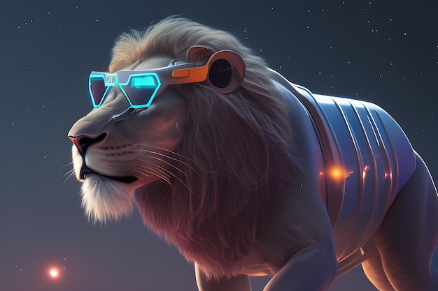 Robotic lion with a vr headset glasses on a dark background