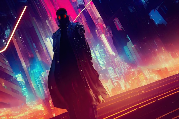 Robotic man under a cloak in a metropolis at night Ultraviolet and neon dynamic lights background