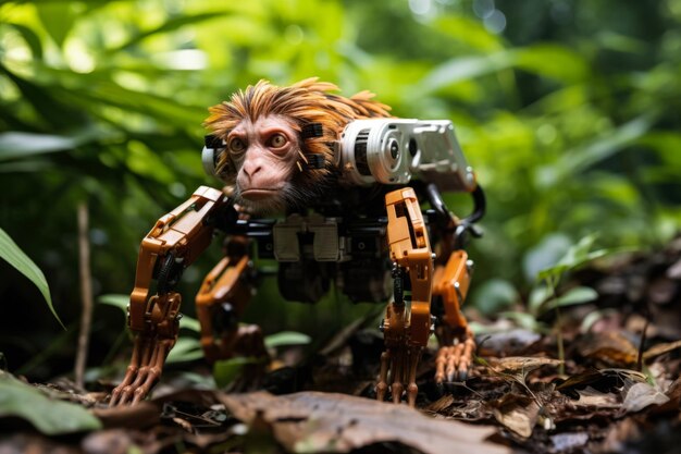 Foto robotic monkey prototypes navigeren dichte jungles in avontuurlijke expedities