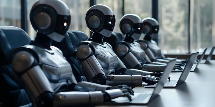 Photo robotic office workers utilizing machine learning technology laptops and internet networking concept artificial intelligence machine learning automation robotics networking