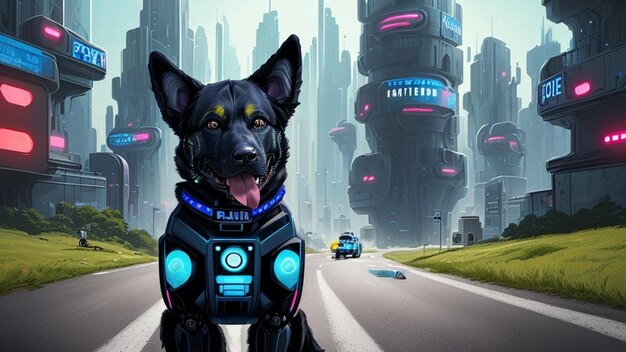 Foto cane poliziotto robotico in una città futuristica