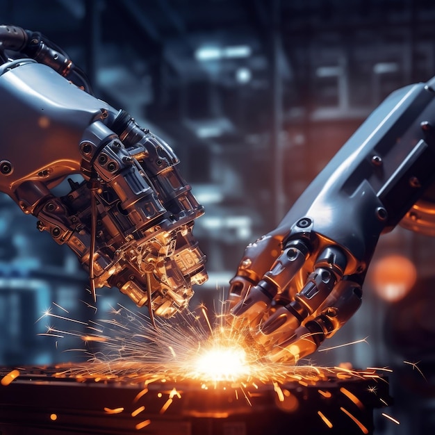 Robotic Precision Welding Hand Embodies Industry Revolution Smart Factory Operations and Digital Transformation Generative AI