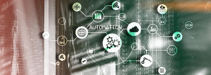 Photo robotic process automation on blurred big data center panoramic horizontal photo