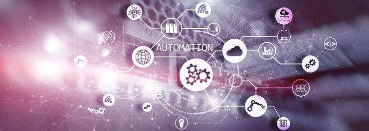 Photo robotic process automation on blurred big data center panoramic horizontal photo