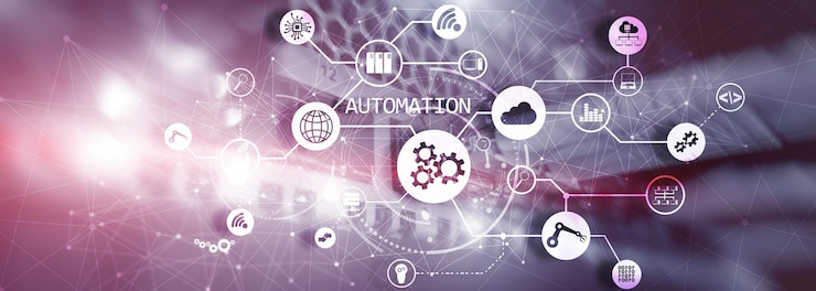 Photo robotic process automation on blurred big data center panoramic horizontal photo